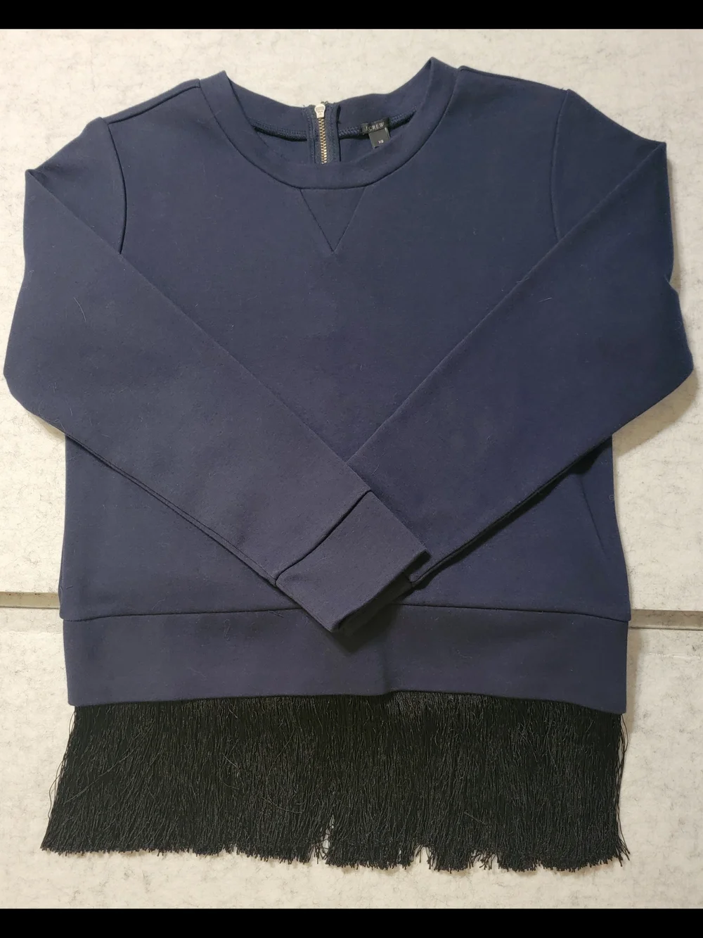 J.Crew Navy Blue Black Fringe Hem Sweatshirt Back Zip Pullover Style E4354 XS